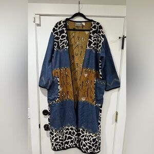 VTG 80s 90s Molato Womens Jacket M Denim Long Duster Abstract African Tribal Art